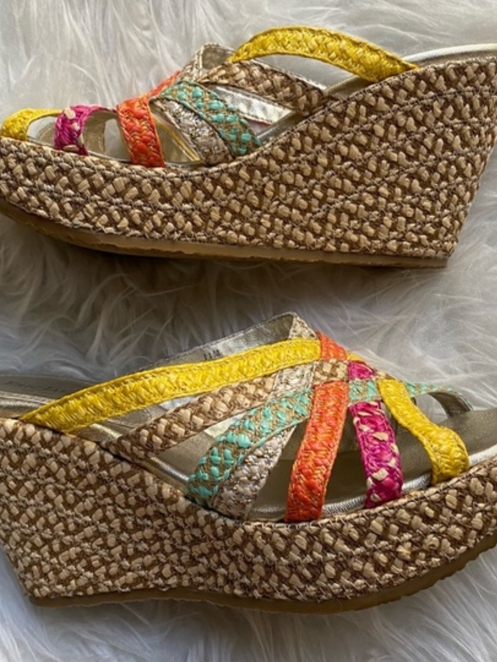 Woven Multicolor Strappy Wedge Sandals - Yellow & Multicolor
